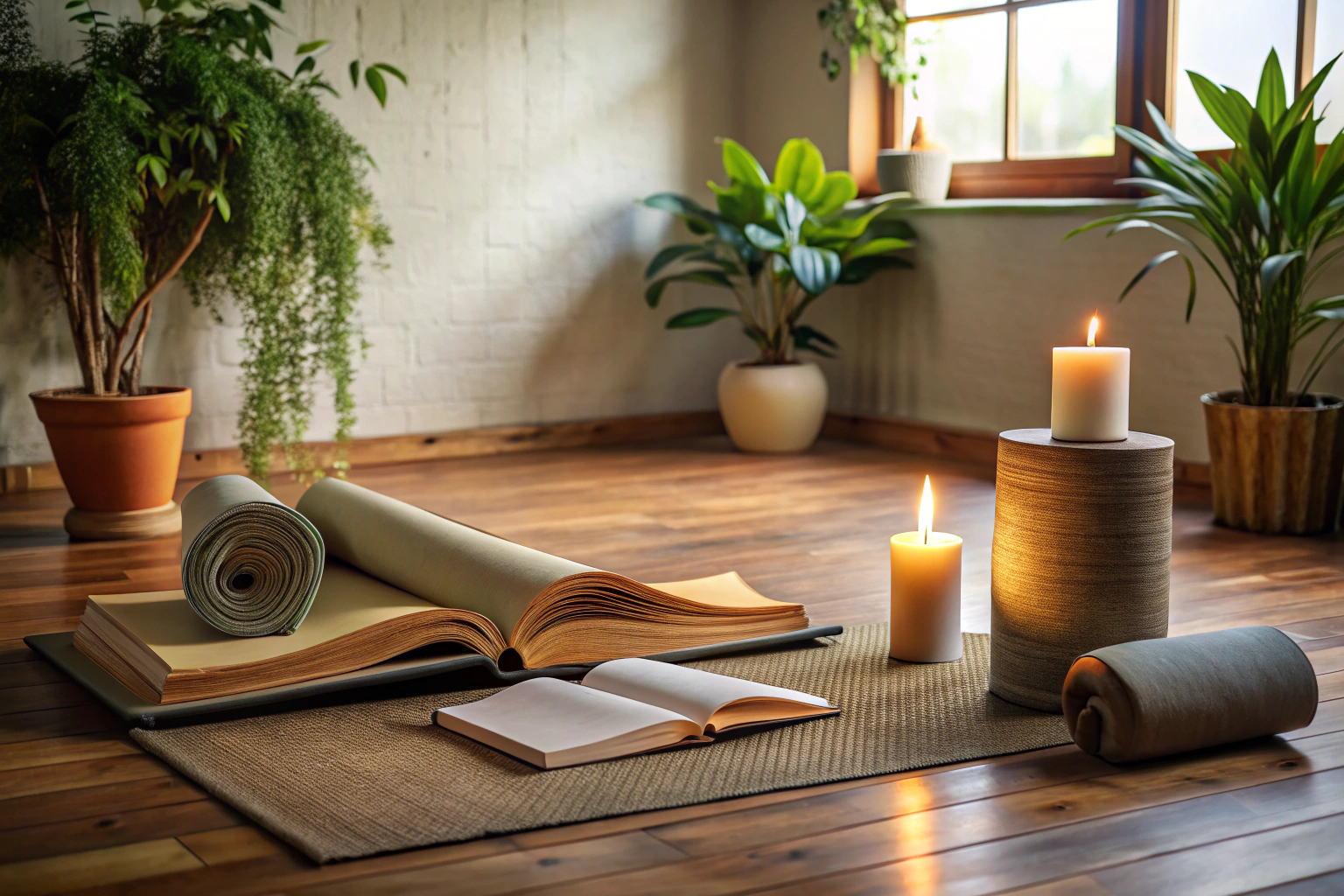 Eine stille Meditationsecke mit einem Yoga-Mat, Büchern und einer Kerze, alles in beruhigenden Erdtönen ohne erkennbare Markierungen
