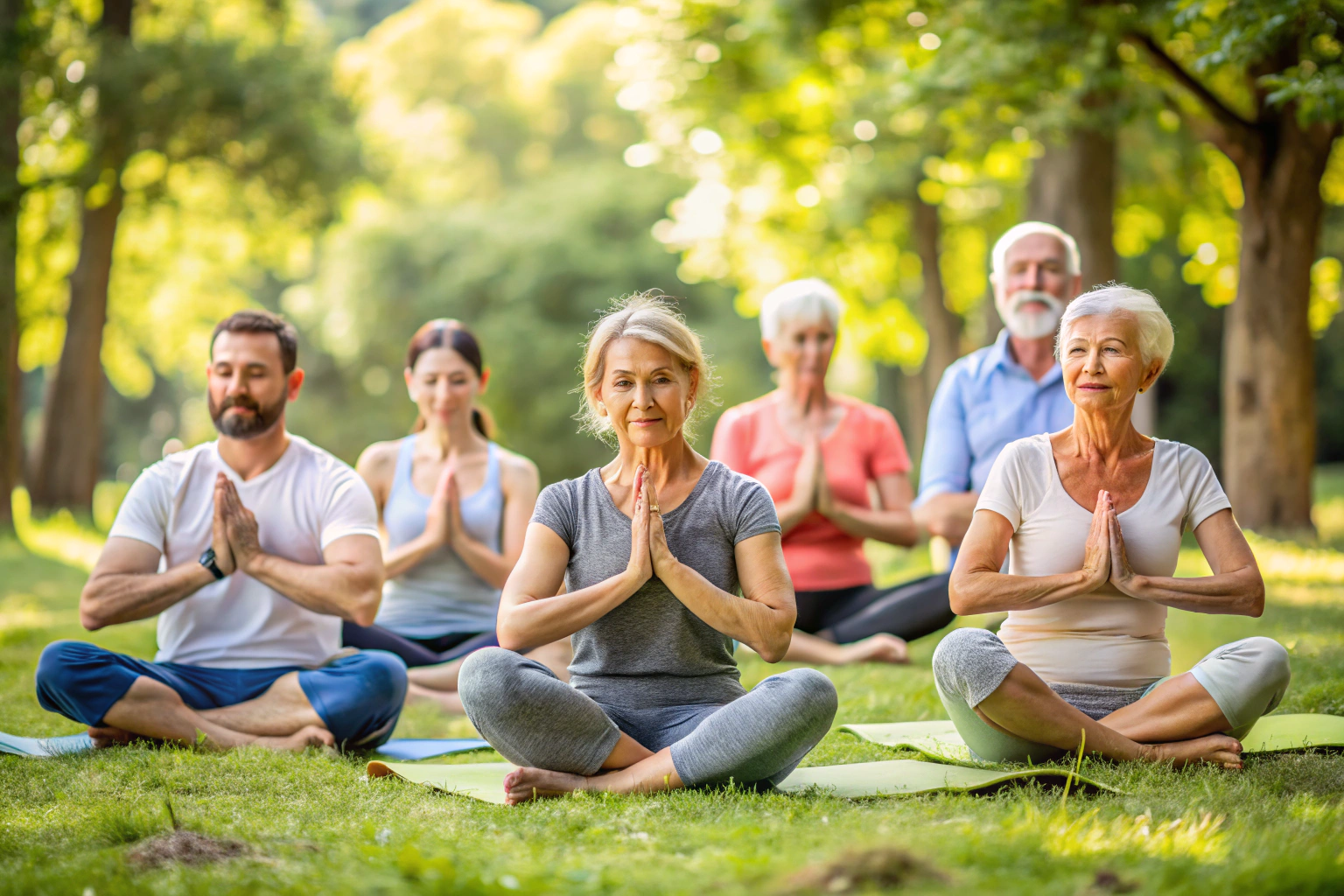 Eine Gruppe von Menschen unterschiedlichen Alters und Hintergrunds, die gemeinsam Yoga in einer ruhigen, natürlichen Umgebung wie einem Wald oder Garten praktizieren, mit entspannten Gesichtern und harmonischen Posen, ohne erkennbare Symbole oder Text